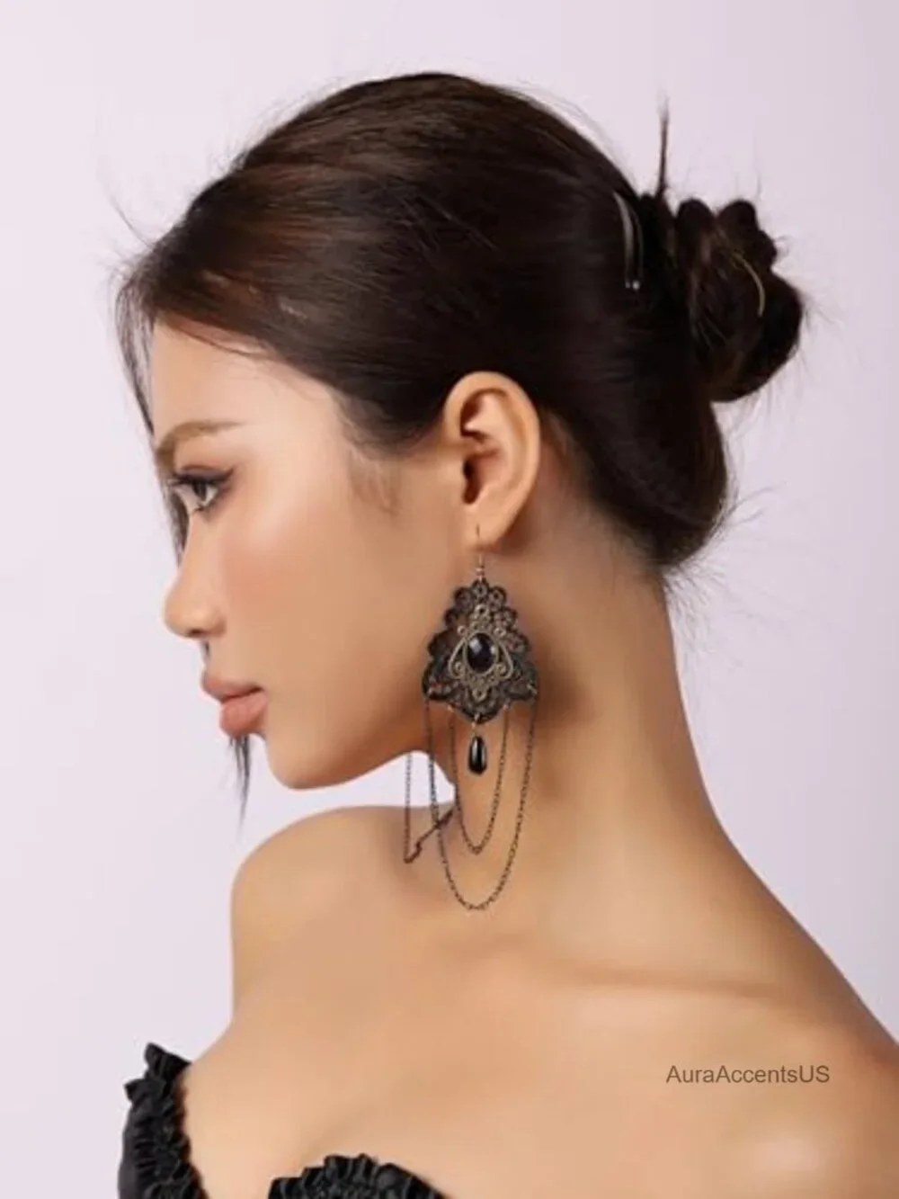 Gothic Victorian Black Floral Lace Teardrop Statement Earrings Drop Dangle